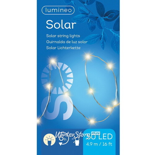 Гирлянда на солнечной батарее Роса Solar Sparkle 4.9 м, 50 теплых белых LED ламп, серебряная проволока, контроллер, IP44 Kaemingk