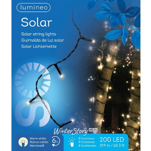 Гирлянда на солнечной батарее Lumineo Solar Caro 19.9 м, 200 теплых белых LED ламп, черный ПВХ, контроллер, IP44 Kaemingk