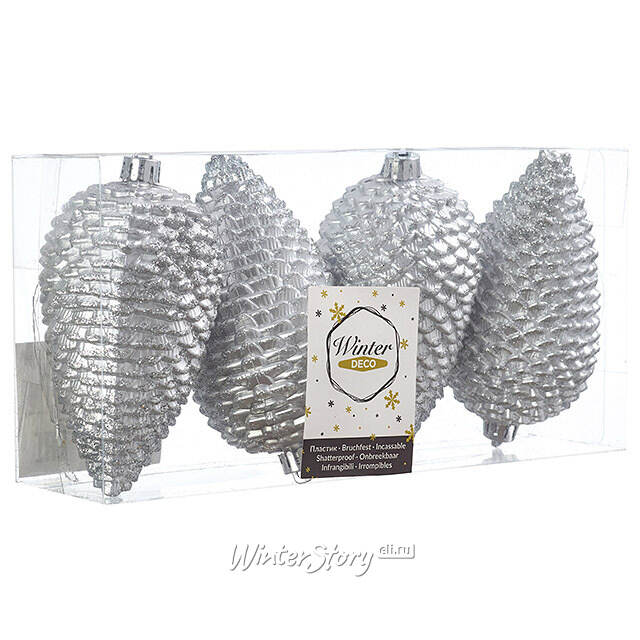 Елочная игрушка Шишка заснеженная 12*7 см серебряная, 4 шт, пластик Winter Deco