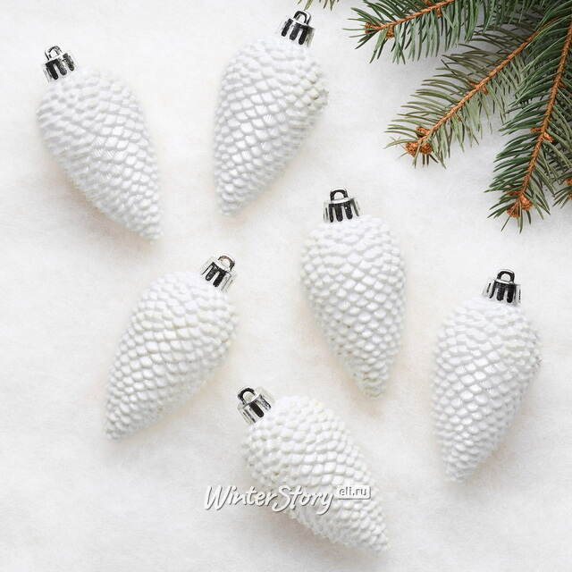 Елочная игрушка Шишка Альто - Морозный белый 8 см, 6 шт, пластик Winter Deco