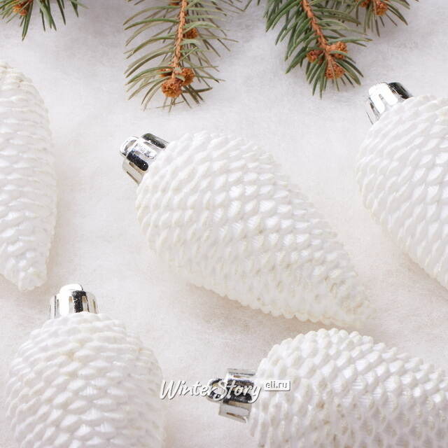 Елочная игрушка Шишка Альто - Морозный белый 8 см, 6 шт, пластик Winter Deco