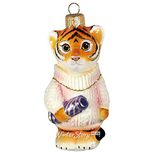Стеклянная елочная игрушка Тигруша с хлопушкой 13 см, подвеска Фабрика Ариель