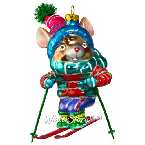Елочная игрушка Мышонок Стенли на лыжах 13 см, стекло, подвеска Holiday Classics