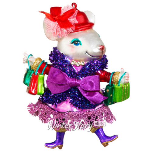 Елочная игрушка Мышка Эллочка на Рождественском шоппинге 13 см, стекло, подвеска Holiday Classics