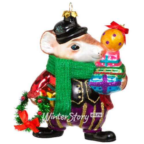 Стеклянная елочная игрушка Мышонок Мистер Джинглс с подарками 13 см, подвеска Holiday Classics