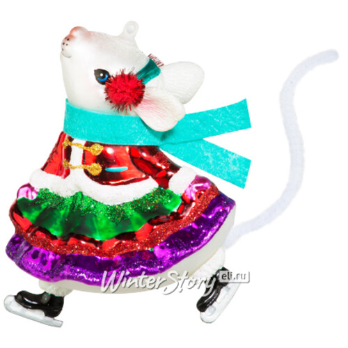 Стеклянная елочная игрушка Мышка Рози на коньках 13 см, подвеска Holiday Classics