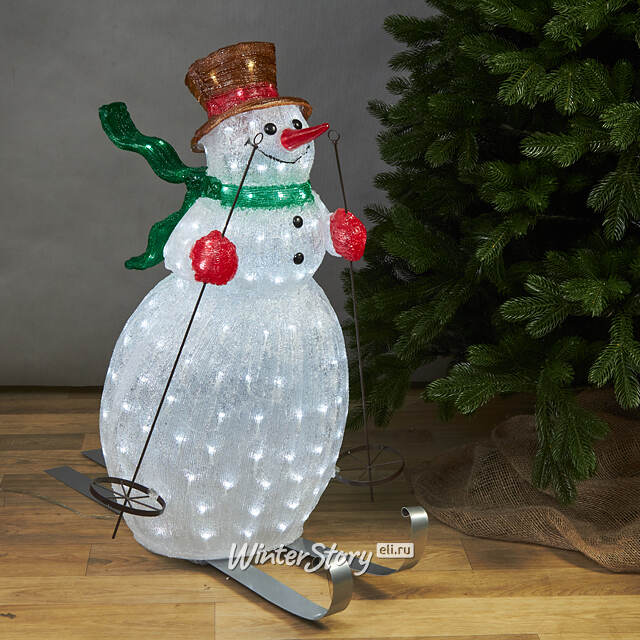 Светящаяся акриловая фигура Снеговик на лыжах 85 см, 200 LED лампочек, IP44, уцененная Kaemingk