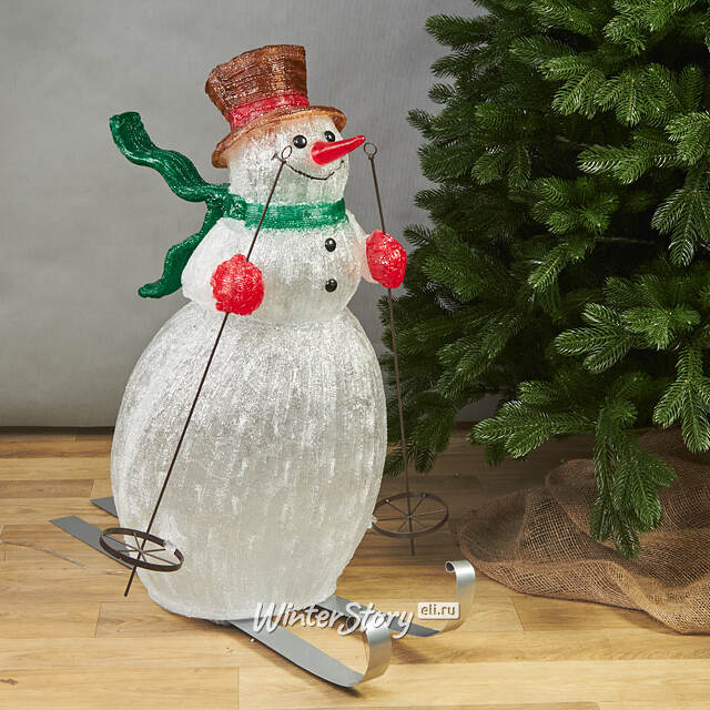 Светящаяся акриловая фигура Снеговик на лыжах 85 см, 200 LED лампочек, IP44, уцененная Kaemingk