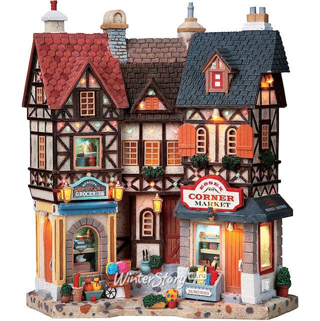 Угловой магазинчик Эссекса, 27*24*8 см, внутренняя сценка, подсветка, батарейки Lemax