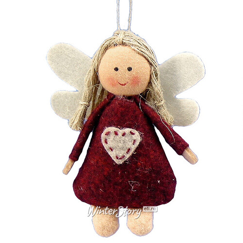 Елочная игрушка Ангел с косичками в бордовом 10 см, подвеска Lang
