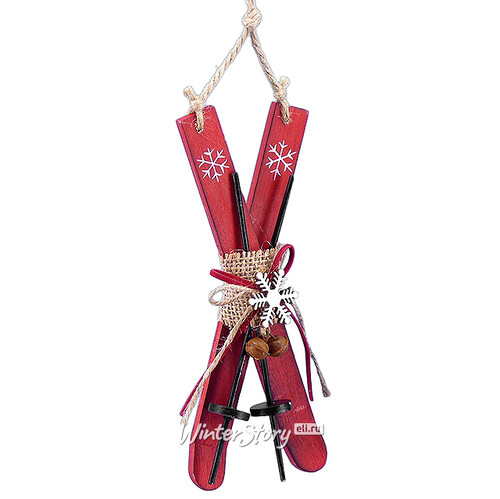 Деревянная елочная игрушка Лыжи со снежинками 18 см красные, подвеска Lang