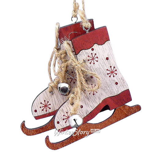 Деревянная елочная игрушка Коньки с бубенчиками 7 см бежевые, подвеска Lang
