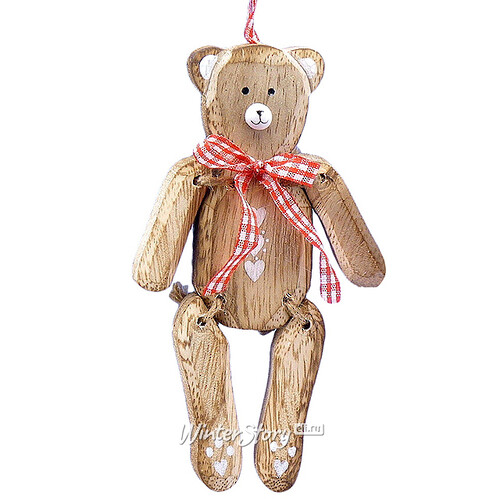 Деревянная елочная игрушка Мишка Ретро с бантиком 13 см бежевый, подвеска Lang