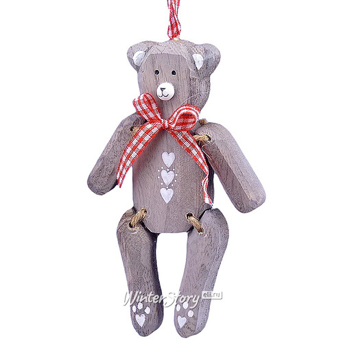 Деревянная елочная игрушка Мишка Ретро с бантиком 13 см серый, подвеска Lang