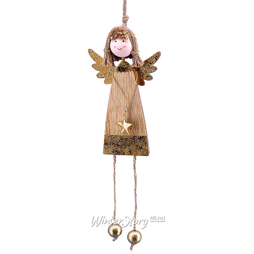 Деревянная елочная игрушка Девочка Ангел со звездочкой в золотой гамме 23 см, подвеска Lang