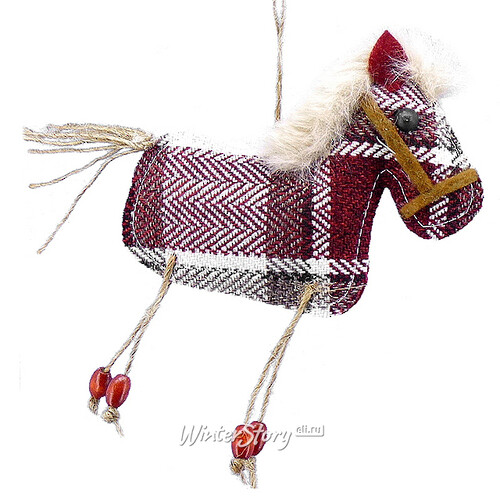 Елочная игрушка Веселая лошадка 15 см бордовая в клеточку, подвеска Lang