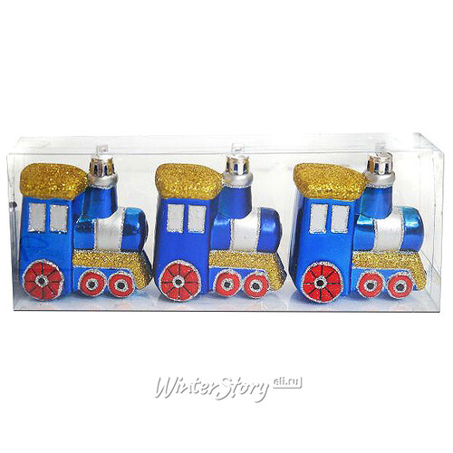 Елочная игрушка Паровозик 7 см синий, 3 шт, подвеска Новогодняя Сказка