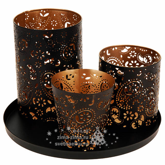 Набор подсвечников Резное Кружево на круглом подносе, 3 шт Koopman