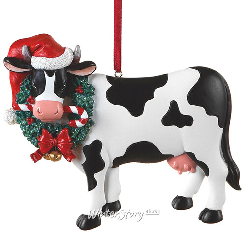 Елочная игрушка Корова Фрекен Булл 10 см с рождественским венком, подвеска Kurts Adler