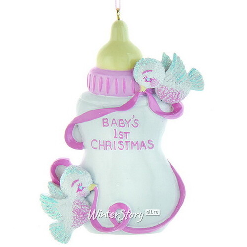 Именная елочная игрушка Baby Christmas: Бутылочка 10 см розовая, подвеска Kurts Adler