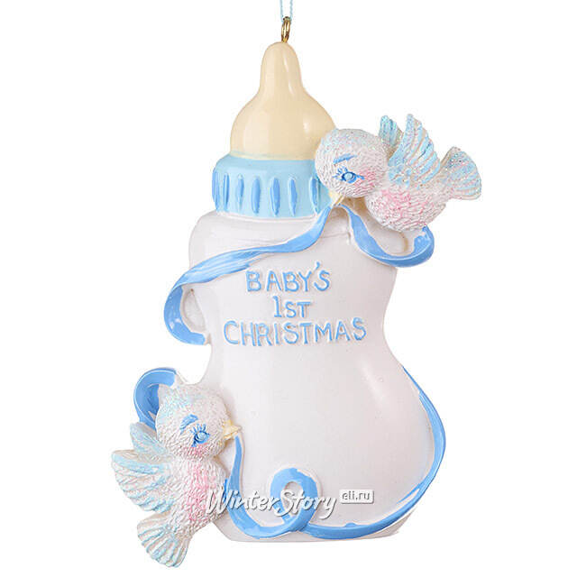 Именная елочная игрушка Baby Christmas: Бутылочка 10 см голубая, подвеска Kurts Adler (Куртс Адлер)