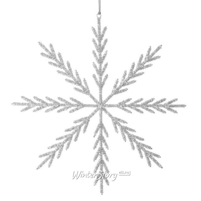Елочная игрушка из бисера Снежинка Олеандро 35 см, серебряная, подвеска Koopman