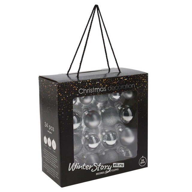 Набор стеклянных шаров Campobello Favore - Silver 4-6 см, 34 шт Koopman