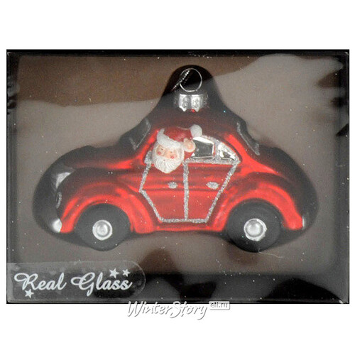 Стеклянная елочная игрушка Санта на Машинке 13*10*6 см красный, подвеска Koopman