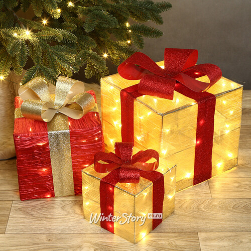 Светящиеся подарки под елку Barrois Gold 17-28 см, 3 шт, 90 теплых белых LED, таймер, на батарейках Koopman