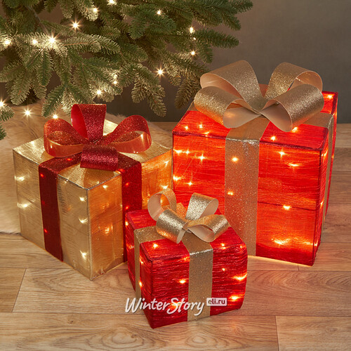 Светящиеся подарки под елку Barrois Red 17-28 см, 3 шт, 90 теплых белых LED, таймер, на батарейках Koopman