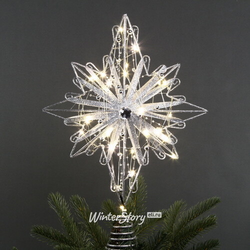 Светящаяся елочная верхушка Сияние Капеллы 39 см серебряная, 30 теплых белых LED ламп Kurts Adler
