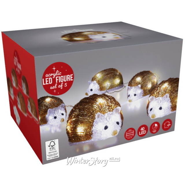 Набор светодиодных фигурок Ежики из Келлингтона 13 см, 40 теплых белых LED ламп, 5 шт, на батарейках, таймер, IP44 Koopman