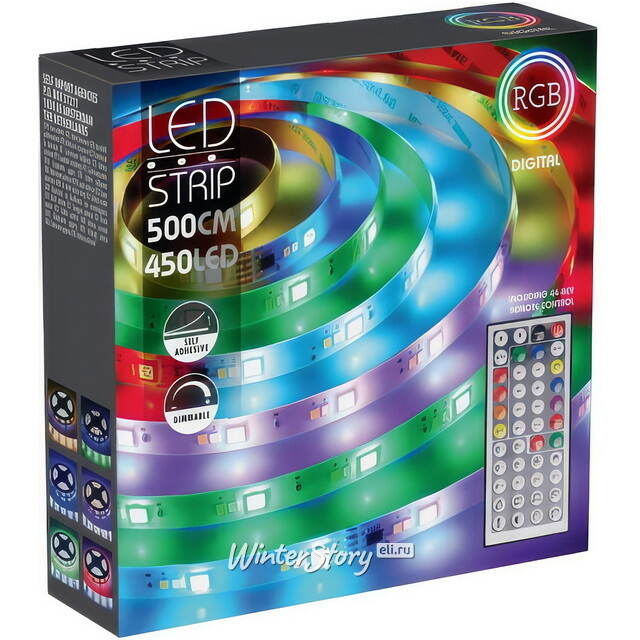 Светодиодная лента Koopman Digital 5 м, 150 RGB LED ламп, 150 теплых белых LED ламп, 150 холодных LED ламп, пульт управления, диммер, на клеевой основе, IP44 Koopman