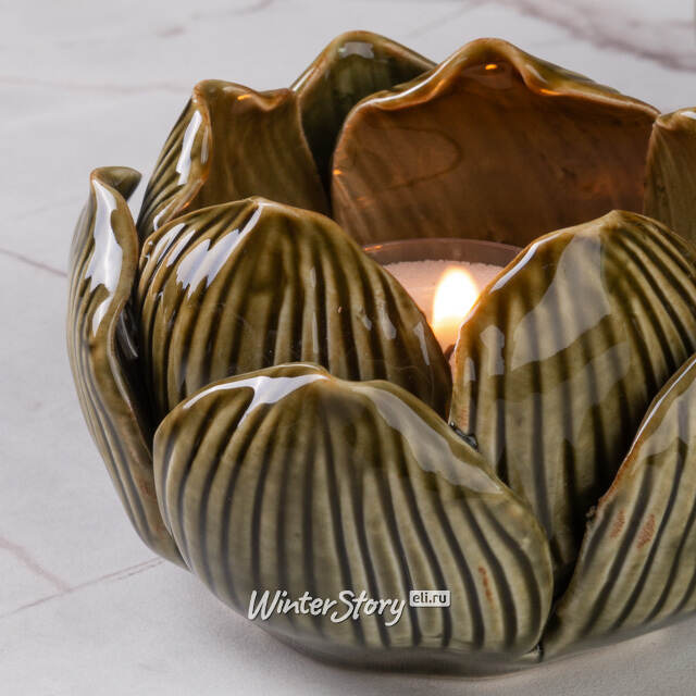 Керамический подсвечник Лотос 9 см темно-оливковый Koopman