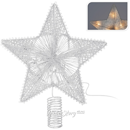 Светодиодная Звезда на елку Риальто 30 см серебряная с теплой белой LED подсветкой, на батарейках Koopman