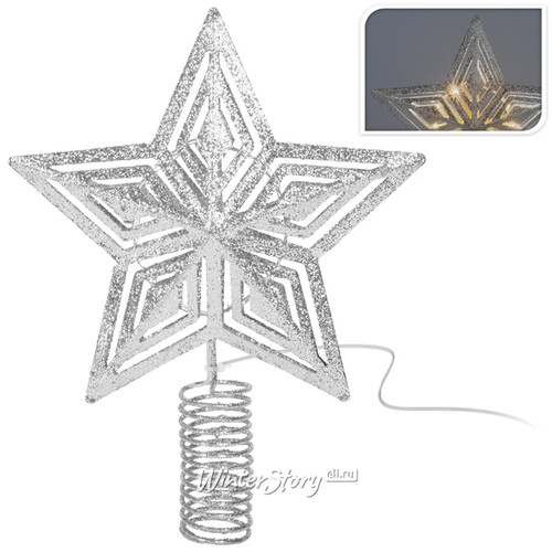 Светодиодная Звезда на елку Остерра 20 см серебряная с теплой белой LED подсветкой, на батарейках Koopman