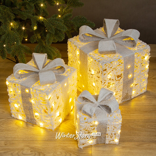 Светящиеся подарки под елку Woodwart 17-30 см, 3 шт, теплые белые LED лампы, таймер, на батарейках Koopman
