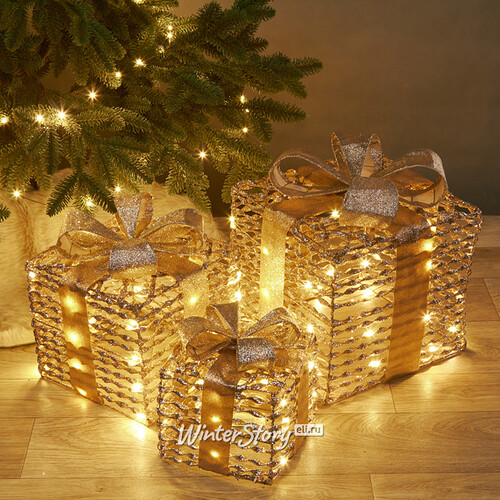 Светящиеся подарки под елку Woodybrook - Champagne Scroll 17-30 см, 3 шт, теплые белые LED лампы, таймер, на батарейках, IP20 Koopman