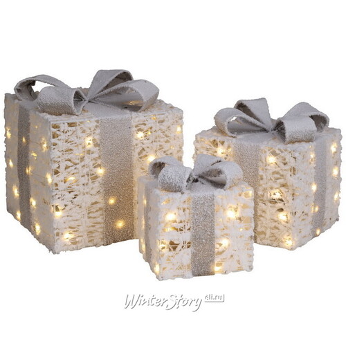 Светящиеся подарки под елку Woodwart 17-30 см, 3 шт, теплые белые LED лампы, таймер, на батарейках Koopman