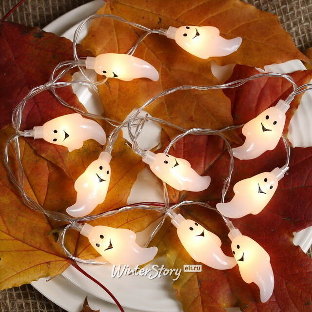 Светодиодная гирлянда на батарейках Хэллоуинские Привидения 1.35 м, 10 теплых белых LED ламп, прозрачный ПВХ, IP20 Koopman