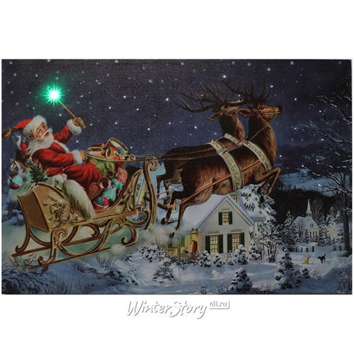 Светодиодная картина с музыкой Санта на волшебных санях 60*40 см с оптоволоконной и LED подсветкой, на батарейках Peha
