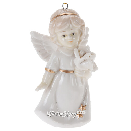 Фарфоровая елочная игрушка Колокольчик - Ангел 9 см белый, подвеска .