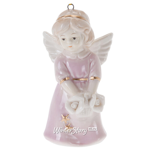 Фарфоровая елочная игрушка Колокольчик - Ангел 9 см розовый, подвеска Koopman
