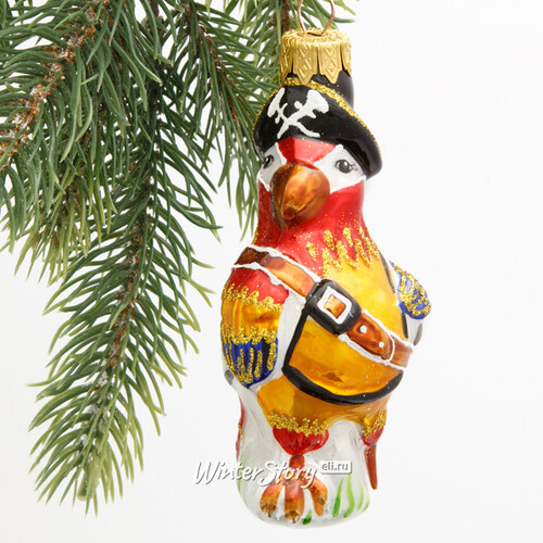 Стеклянная елочная игрушка Попугай пират Бартоломью 12 см, подвеска Коломеев