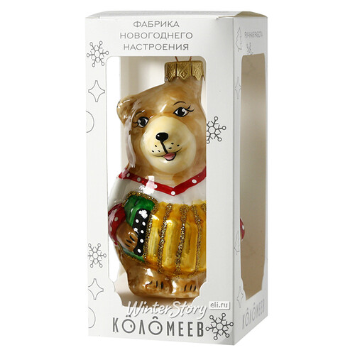 Стеклянная елочная игрушка Медвежонок с гармошкой 10 см, подвеска Коломеев