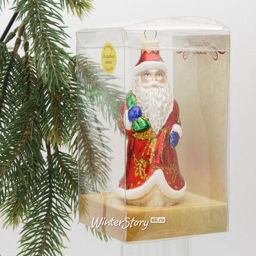 Стеклянная ёлочная игрушка Дед Мороз с мешком подарков 12 см, подвеска Коломеев