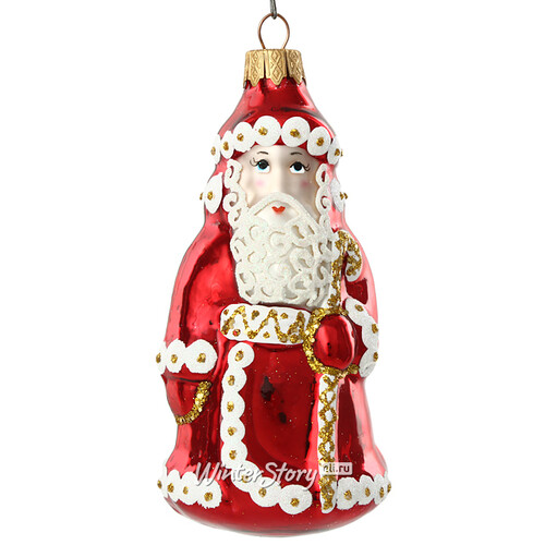 Стеклянная ёлочная игрушка Дед Мороз - Волшебник в красной шубке 12 см, подвеска Коломеев
