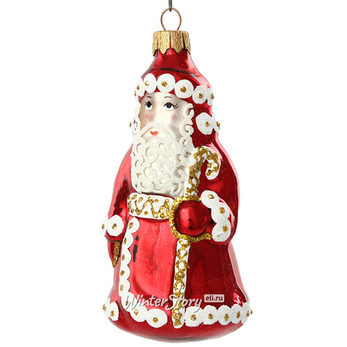 Стеклянная ёлочная игрушка Дед Мороз - Волшебник в красной шубке 12 см, подвеска Коломеев