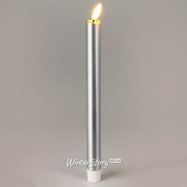 Столовая светодиодная свеча с имитацией пламени Sunrise 25 см серебряная, 2 шт с пультом, таймер, на батарейках Koopman