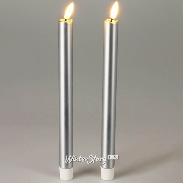 Столовая светодиодная свеча с имитацией пламени Sunrise 25 см серебряная, 2 шт с пультом, таймер, на батарейках Koopman